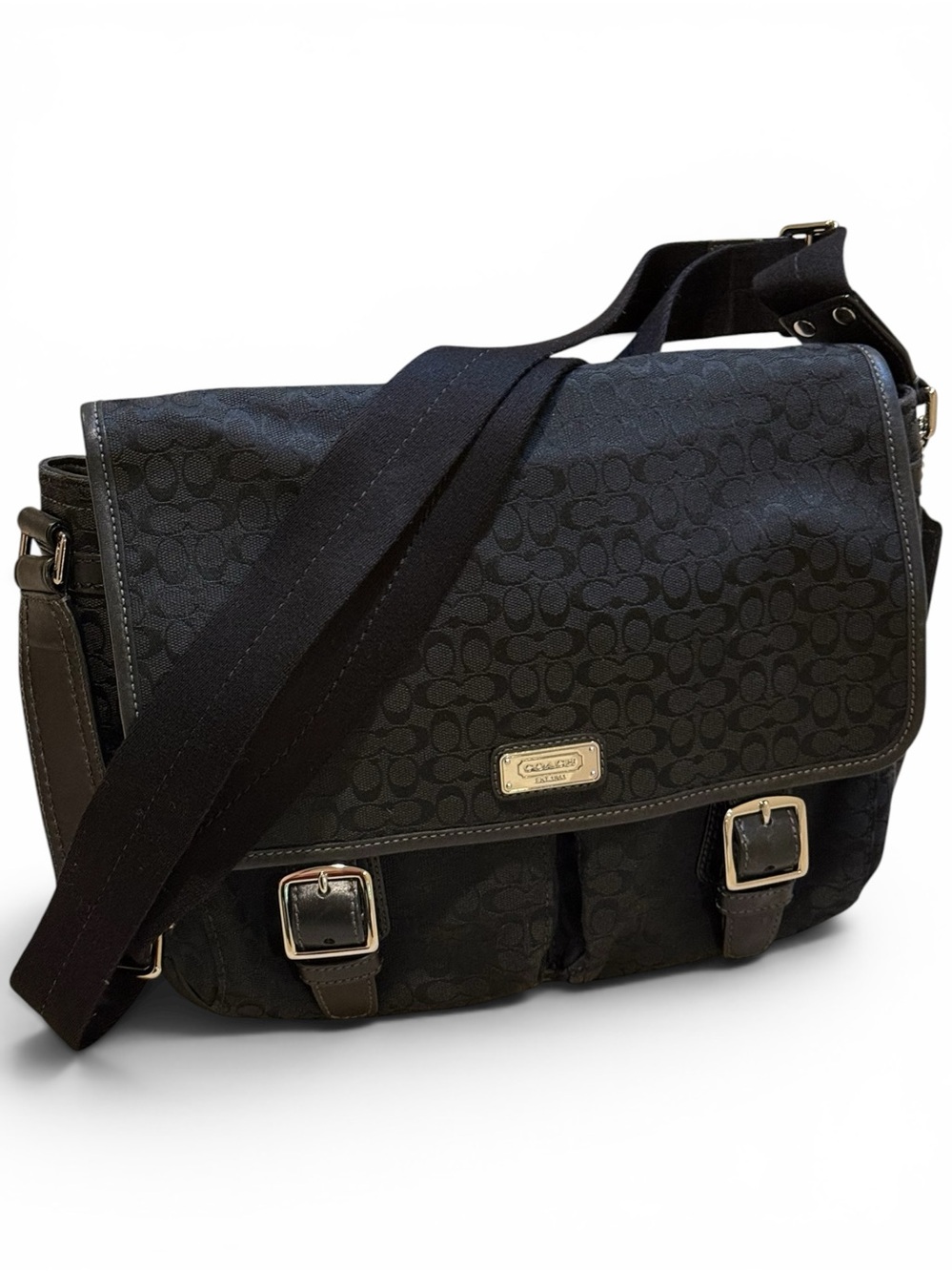 COACH #70283 Crossbody Mini Messenger Bag Black Signature Jacquard Leather Trim